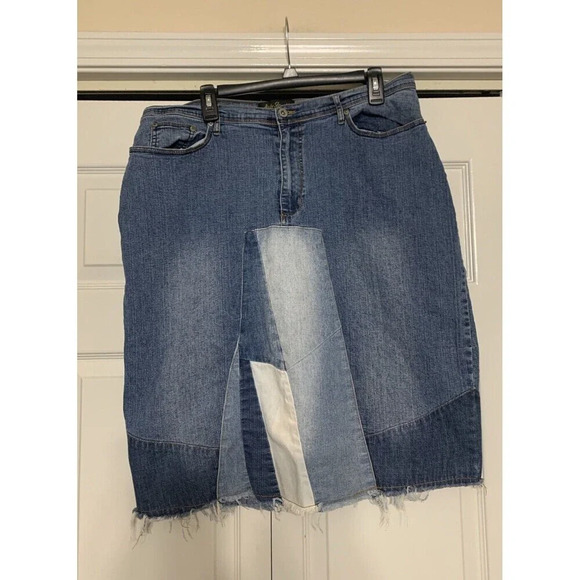 Ashley Stewart Patchwork Denim Raw Hem Plus Size Skirt 18W Boho Y2K Retro (O27) - Picture 1 of 9